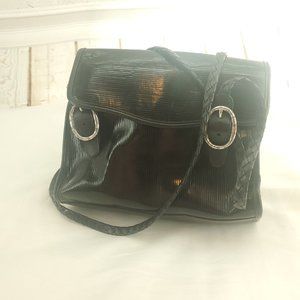 Brighton Womens Black Striped Leather Flap Front Braided Straps Satchel Bag